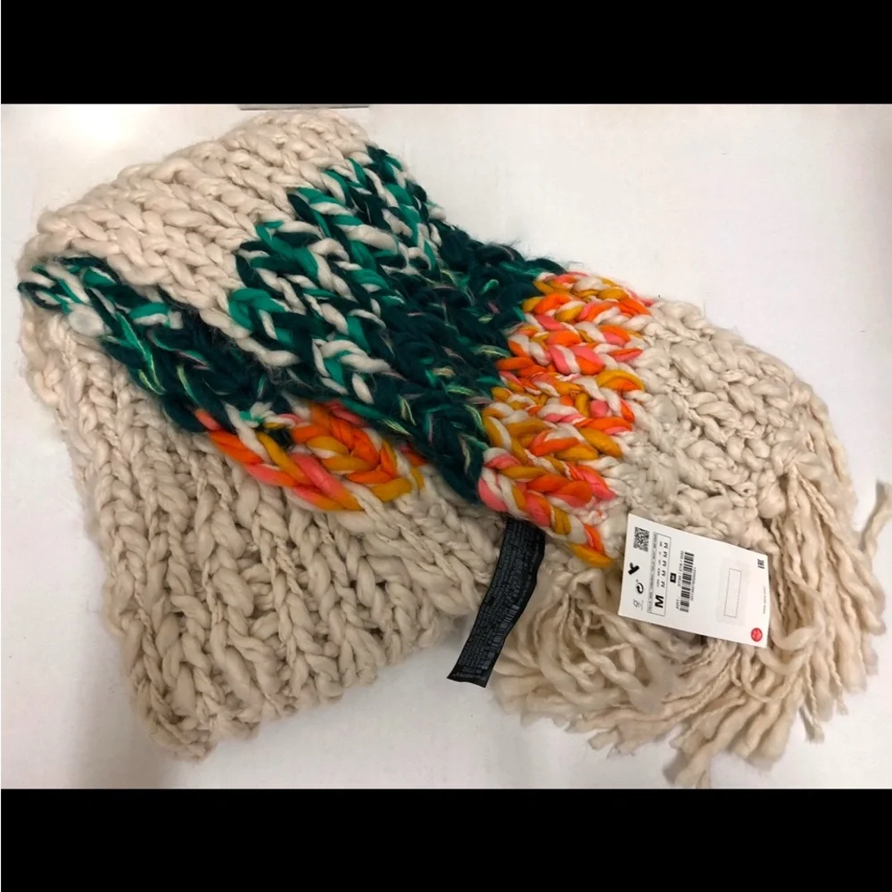Zara Oversized Multi Color Chunky Knit Fringe Scarf